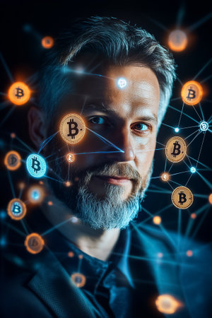 A man examines cryptocurrency trends as Bitcoin icons surround him in a futuristic digital network environment.の素材
