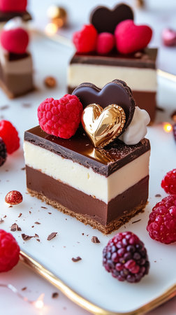 A delightful dessert featuring layers of chocolate and cream, topped with fresh raspberries and decorative elements.の素材