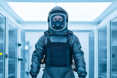 A scientist wearing a protective suit conducts research in a sterile lab setting.の素材