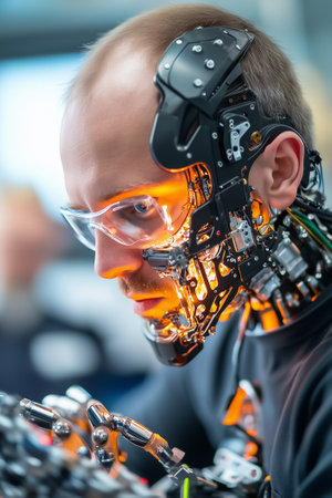 A person equipped with a robotic face examines complex machinery in a modern laboratory setting.の素材