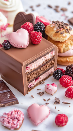 A rich chocolate cake filled with raspberry cream and decorated with heart-shaped candies and fresh berries.の素材