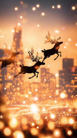 Three reindeer gracefully soar above a vibrant city illuminated by winter lights as evening descends.の素材