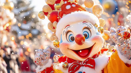 A cheerful clown in bright colors entertains at a vibrant holiday celebration with decorations and snow.の素材