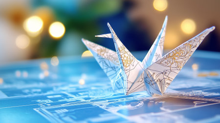 An intricate origami crane, delicately folded from a blueprint, showcases artistry in a softly lit environment.の素材