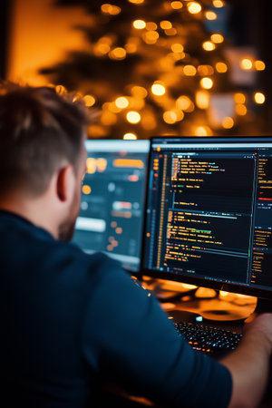 A programmer focuses on coding at a dual-monitor setup surrounded by warm holiday lights.の素材