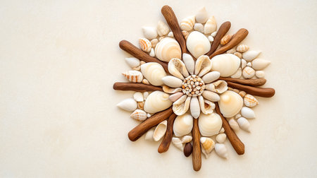 A decorative design formed from seashells and driftwood pieces, arranged in a flower pattern on a soft backdrop.の素材