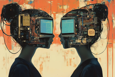 Two figures confront each other, their heads as retro computer screens, merging humanity with technology.の素材