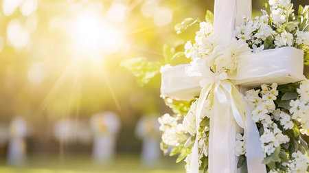 A floral-decorated cross stands in sunlight, marking a tranquil moment at an outdoor ceremony filled with joy.の素材