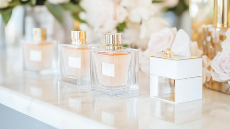 Three beautifully designed perfume bottles sit on a marble counter, complemented by delicate floral arrangements nearby.の素材