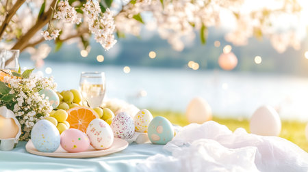 Easter eggs and healthy fruits are beautifully arranged on a table, surrounded by flowers by a serene lakeside.の素材