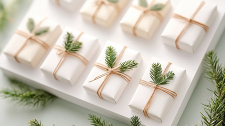 Charming gifts wrapped in white paper, twine, and fresh evergreen sprigs. ideal for celebrations.の素材