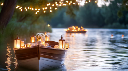 Boats adorned with glowing lanterns drift on a peaceful river under soft evening light, enhancing the atmosphere.の素材