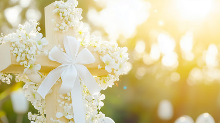 The wooden cross is elegantly decorated with white flowers and a ribbon, bathed in warm sunlight during the evening.の素材