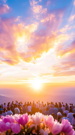 Crowds admire a stunning sunset on a mountain, surrounded by vibrant clouds and flowers in golden hour.の素材