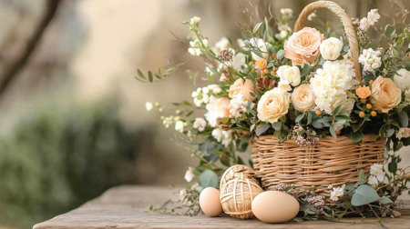 A wicker basket overflowing with pastel-colored flowers and decorative eggs rests on a rustic wooden table outdoors.の素材