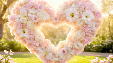Beautiful heart-shaped floral display in a vibrant garden illuminated by sunlight, showing pink and white blooms.の素材