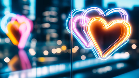 Neon hearts illuminate a city street at night, reflecting on nearby glass in a lively urban environment.の素材