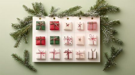 Colorful holiday gifts wrapped with festive touches and pine branches create a cheerful atmosphere.の素材