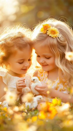 Young girls smile as they gently hold a chick amidst vibrant flowers in a sunlit garden.の素材