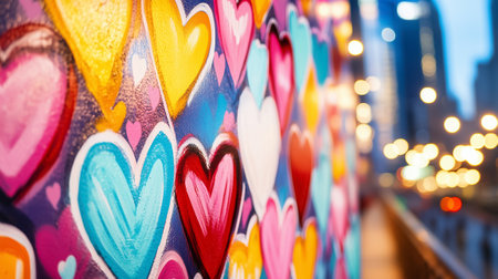Vibrant heart murals decorate the wall as city lights twinkle in the background during the evening hours.の素材