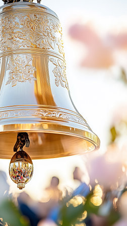 A beautifully crafted golden bell with intricate designs captures reflections in a sunny outdoor event.の素材