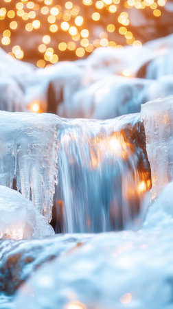 The icy waterfall glistens with warm lights reflecting off the frozen surface at dusk.の素材