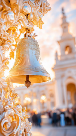 A golden bell stands out in the foreground, framed by a softly focused historic building at sunset.の素材