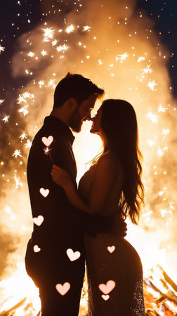 A couple embraces lovingly near a bonfire, illuminated by sparks and hearts in the background during the night.の素材