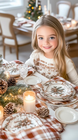 A cheerful girl is seated at a festively arranged table filled with holiday decor, including candles and pine cones.の素材