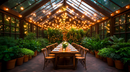 A long wooden table is beautifully arranged for dining amid lush plants and twinkling lights in an inviting greenhouse.の素材