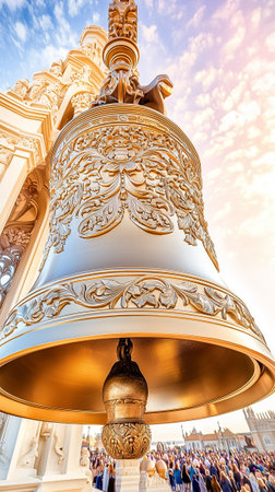 The beautifully detailed bell stands prominently, drawing the focus of an attractive crowd during a sunset event.の素材