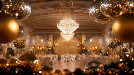 The banquet hall is beautifully adorned with golden decorations, perfect for a joyous evening gathering.の素材