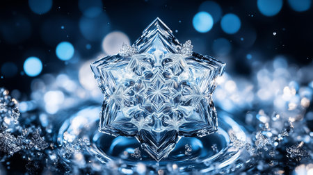 Delicate snowflake crystal shines as blue lights create a serene atmosphere around it.の素材