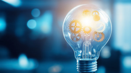 A light bulb filled with intricate gears captures the essence of innovation, reflecting bright ideas and creativity.の素材