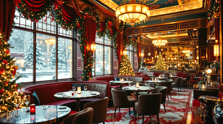 A beautifully decorated restaurant featuring Christmas trees and warm lighting, creating a cozy winter atmosphere.の素材