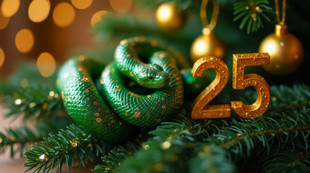 A vibrant green tree snake coils around New Year decorations and a sparkling gold number, creating a festive atmosphere.の素材