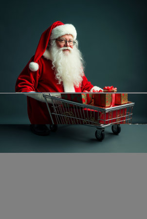Santa Claus stands with a shopping cart overflowing with brightly wrapped gifts, celebrating the holiday spirit.の素材