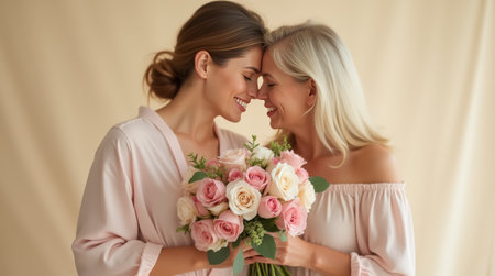 Two women gently touch foreheads while holding a beautiful bouquet of pink and white roses, radiating warmth and love.の素材