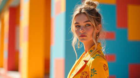 Sophisticated model showcases elegant style in a colorful urban backdrop during a sunny day.の素材