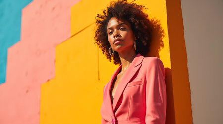 A sophisticated model showcases chic ready-to-wear clothing in a lively urban setting with colorful walls.の素材