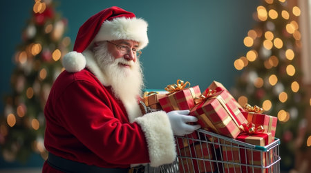 Claus happily shops, pushing a cart of gifts amid festive decorations and a cheerful holiday vibe.の素材