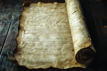 Close-up view of an aged parchment scroll reveals delicate handwritten content on rustic wood background.の素材