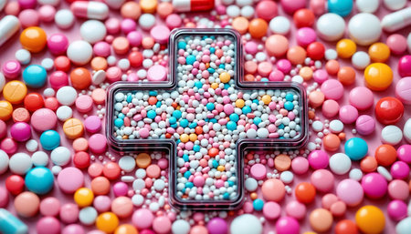 A vibrant array of pills and candies is artistically arranged in the shape of a cross on a pink surface.の素材