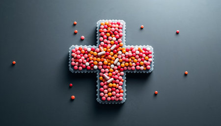 Bright candies form a cross shape on a black surface, highlighting a creative dessert idea suitable for celebrations.の素材