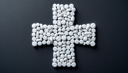 White tablets and capsules are creatively arranged to form a medical cross symbol on a dark background.の素材
