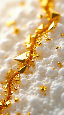 Numerous small triangular and polygon gold facets create a vibrant texture against a pale, soft surface.の素材