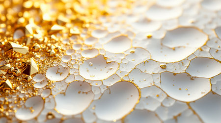 Close-up of a textured surface with small gold facets and reflections in an artistic pattern.の素材