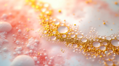 Numerous small gold facets create a stunning abstract design on a creamy white-pink liquid surface.の素材