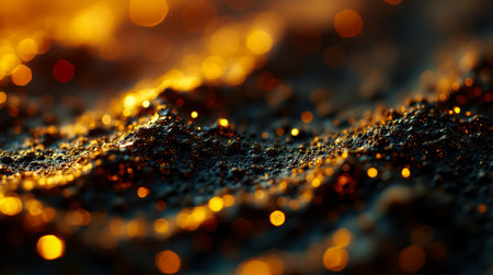 Detailed view of a textured surface comprised of numerous gold facets reflecting light and creating depth.の素材