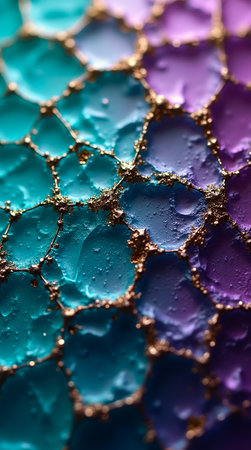 Close-up view reveals an intricate textured surface with shiny, triangular facets in shades of blue, green, and purple.の素材